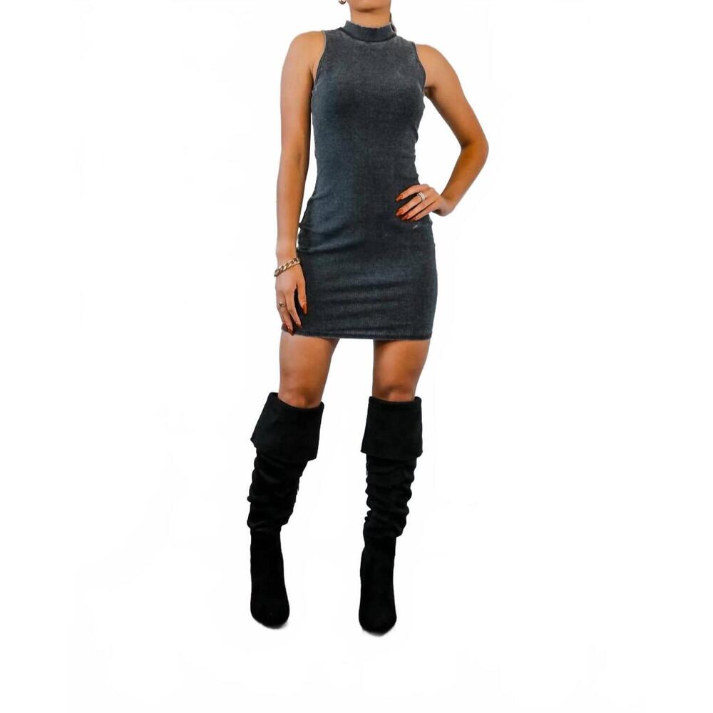 NEW SURELYMINE mock neck ribbed garment burntout mini dress in black